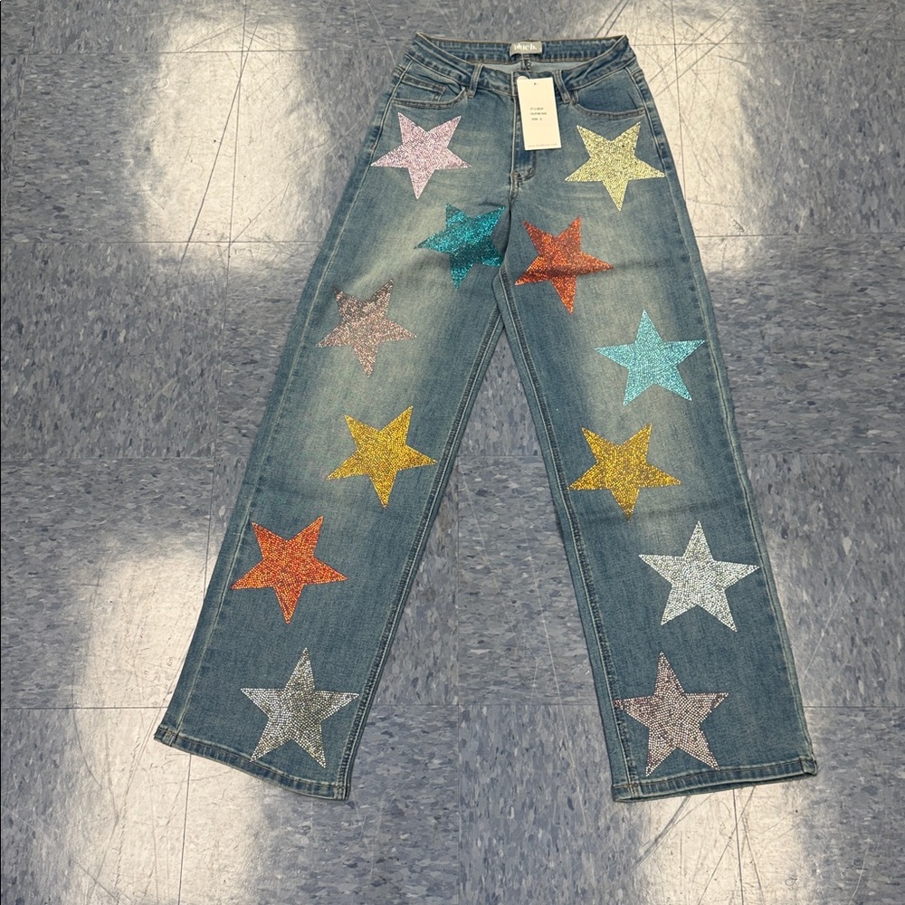 Star-Embellished Wide Leg Jeans